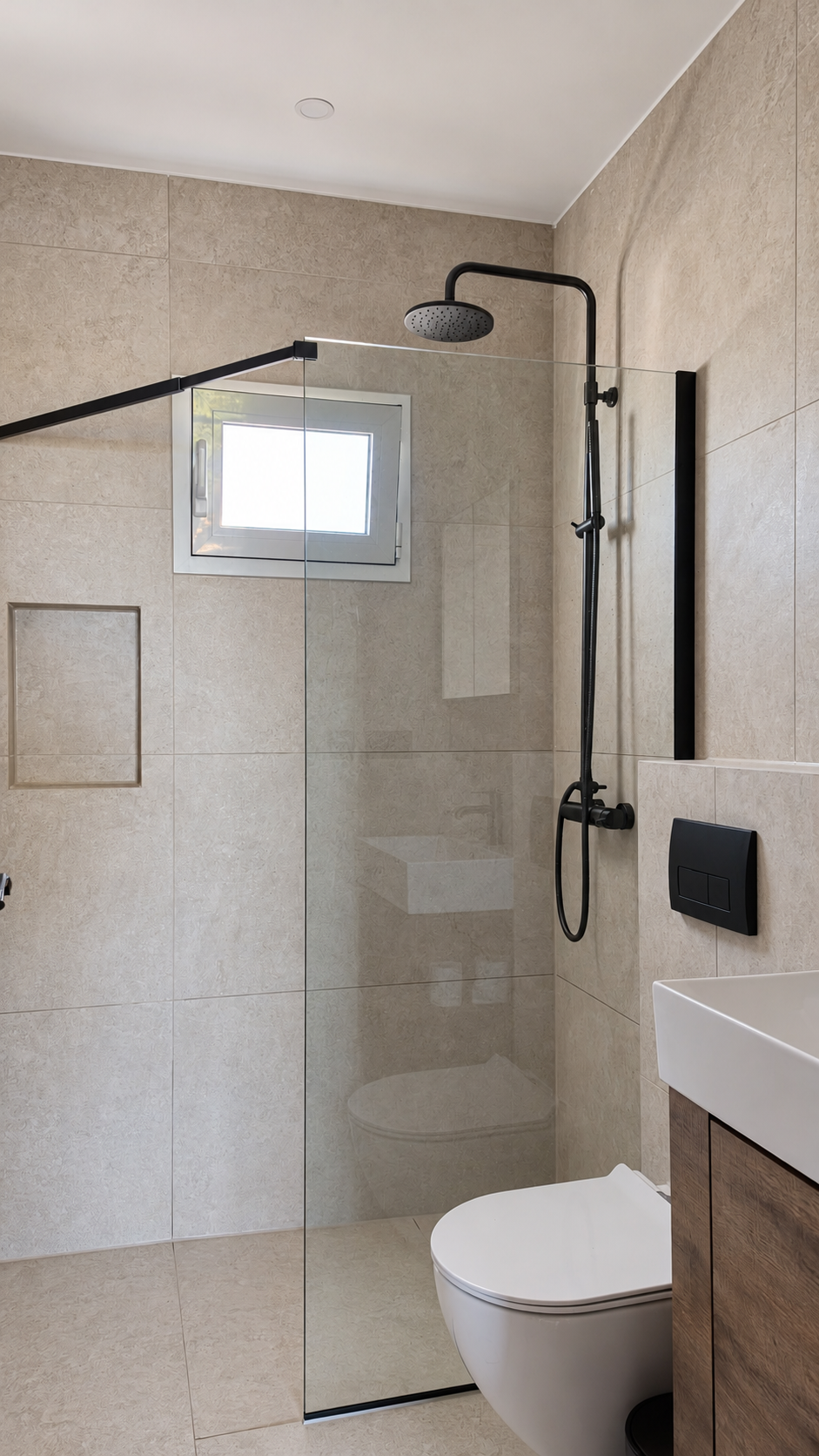 Nachher: bodengleiche Dusche mit großformatigen Fliesen, Fenster und WC